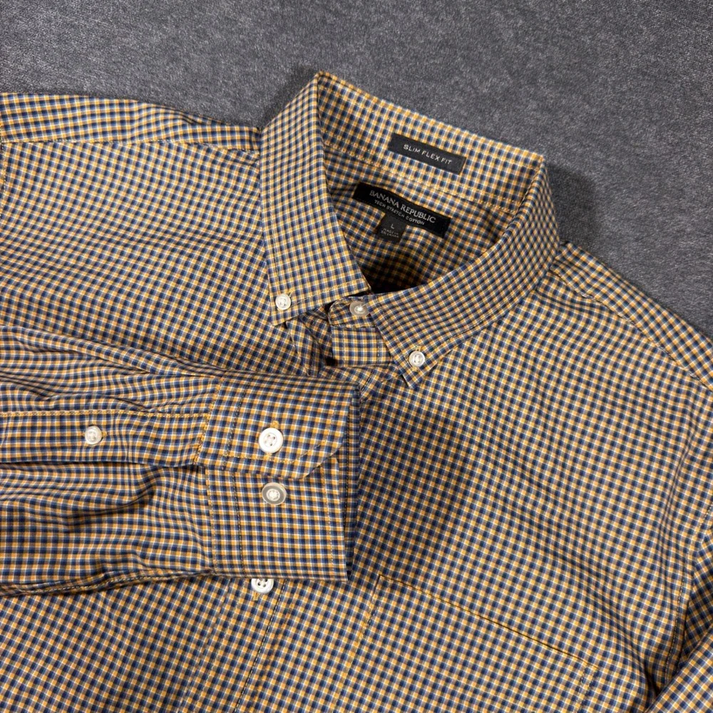 Banana Republic Button Down Shirt Mens L Orange Plaid Slim Flex Tech Stretch